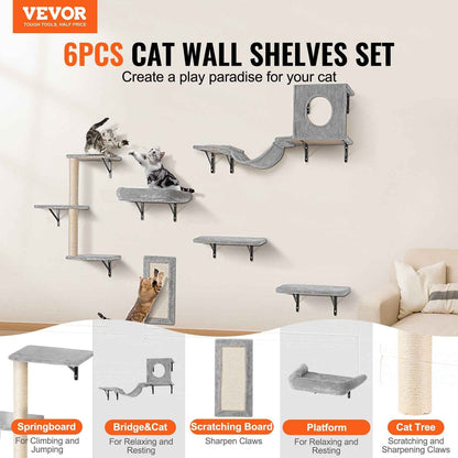 Wall Mounted Cat Shelves Tree With Jump Boards Hammock Sofa Grip Set Of 6