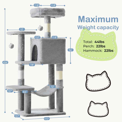 44-Inch Cat Tree - Multi-Level with Hammock & Sisal Posts - Purrfect Pet Haven