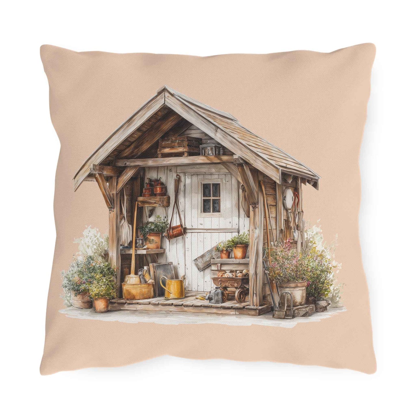 Sunflower Cottage Outdoor Pillow — Rustic Garden Shed & Sunflower Throw Cushion for Patio
