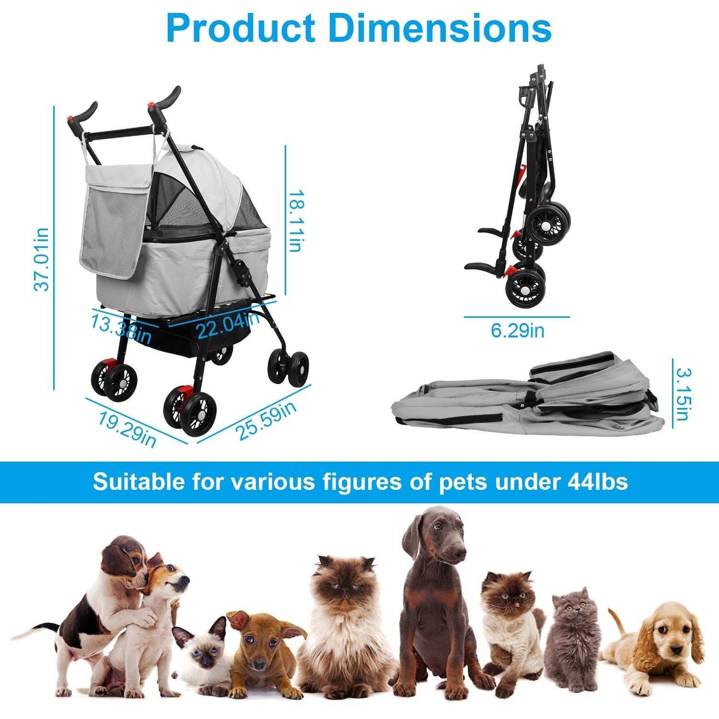 Pet Travel Stroller - Foldable 4-Wheel Carrier With Storage Basket