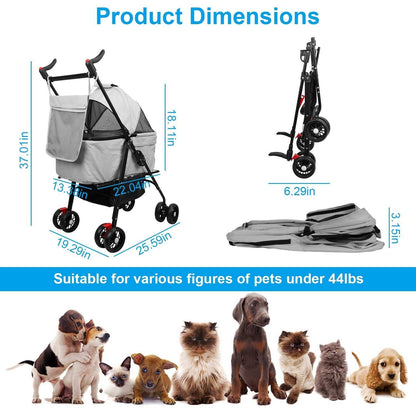 Pet Travel Stroller - Foldable 4-Wheel Carrier With Storage Basket