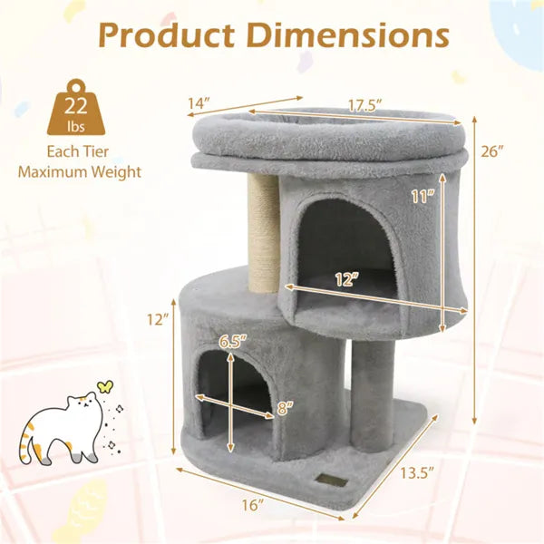 Compact Cat Tree -  2 Condos & Sisal Scratching Posts