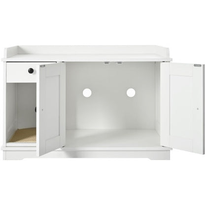 GO Cat Litter Box Enclosure, Litter Box Furniture Hidden With Cat Litter Mat, Indoor Cat House With Storage Drawer Side Table, Farmhouse Style Cat Box Cabinet For Living Room, White