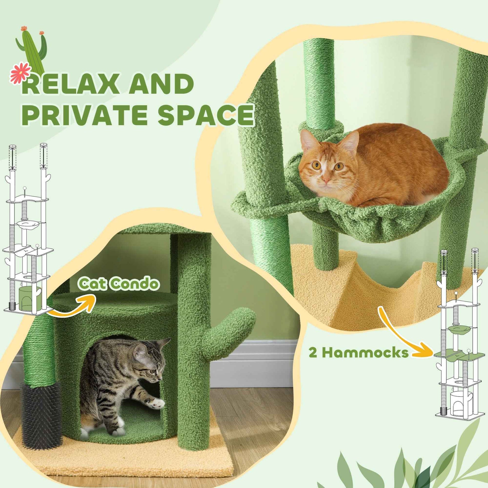 89"-100" Floor to Ceiling Cat Tree, Cat Climbing Tower with Grooming Brush Post, Cat Condo, Hammock, Green