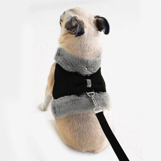 Warm Fur Collar Soft Padded Small Girl Pet Harness and Leash Set with Bow Tie