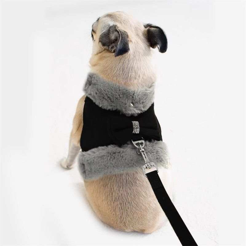 Warm Fur Collar Soft Padded Small Girl Pet Harness and Leash Set with Bow Tie