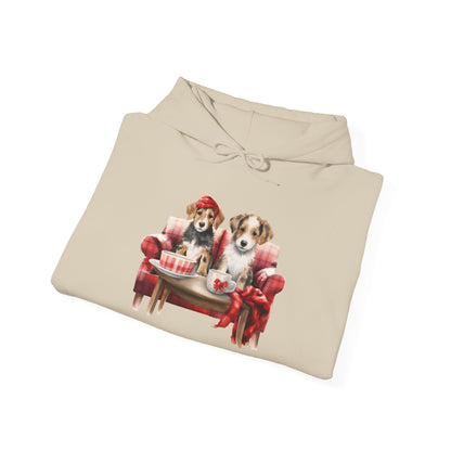 Christmas Puppies Hoodie - Festive Dogs on Sofa Holiday Sweatshirt