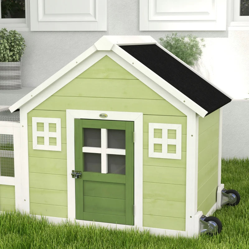64 Inch Rabbit Hutch With Asphalt Roof, Handle, Wheels, Multicolo - Purrfect Pet Haven