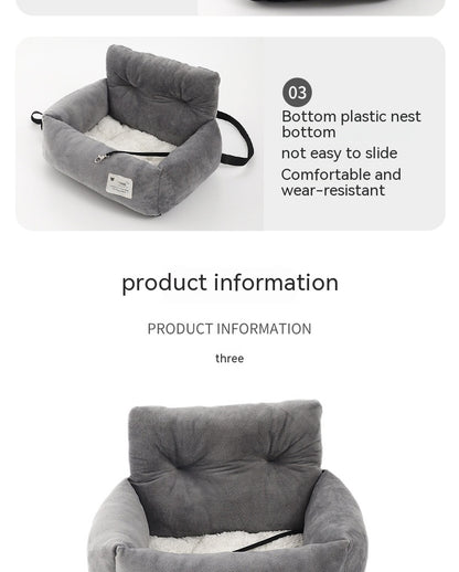 Gray pet bed with text on a white background
