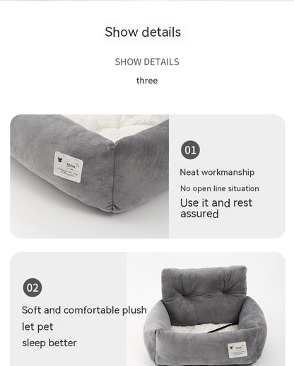 Gray pet bed with plush cushion on a white background