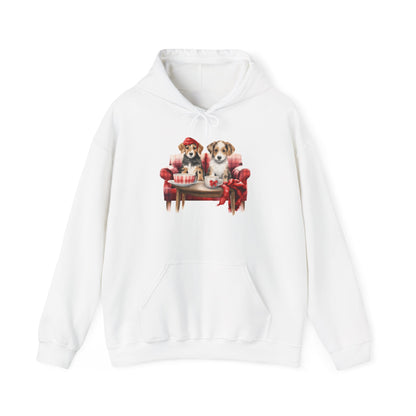 Christmas Puppies Hoodie - Festive Dogs on Sofa Holiday Sweatshirt