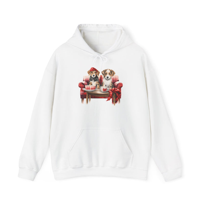 Christmas Puppies Hoodie - Festive Dogs on Sofa Holiday Sweatshirt