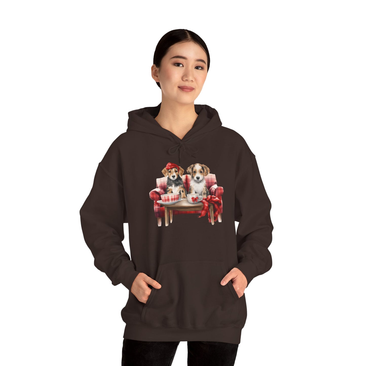 Christmas Puppies Hoodie - Festive Dogs on Sofa Holiday Sweatshirt