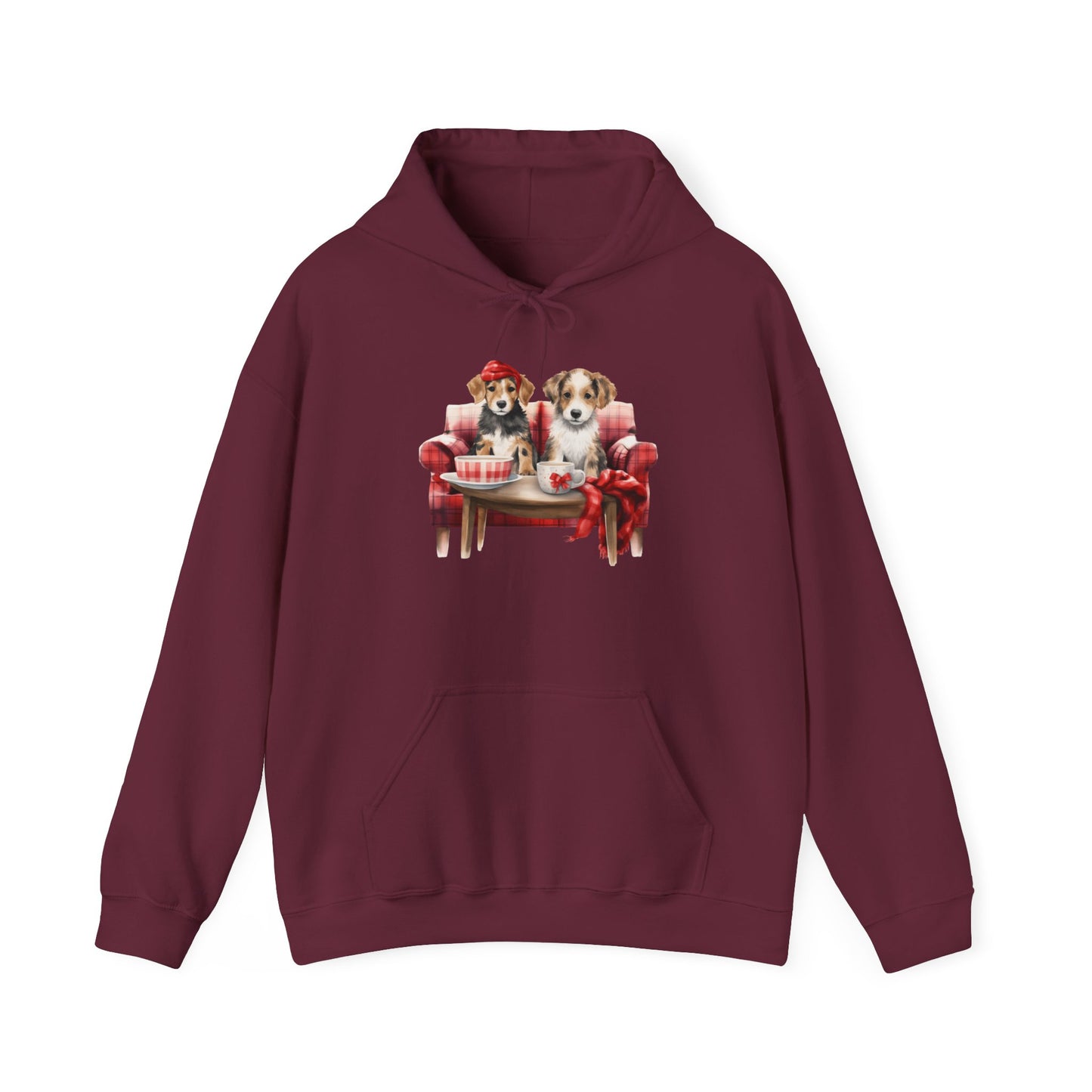 Christmas Puppies Hoodie - Festive Dogs on Sofa Holiday Sweatshirt