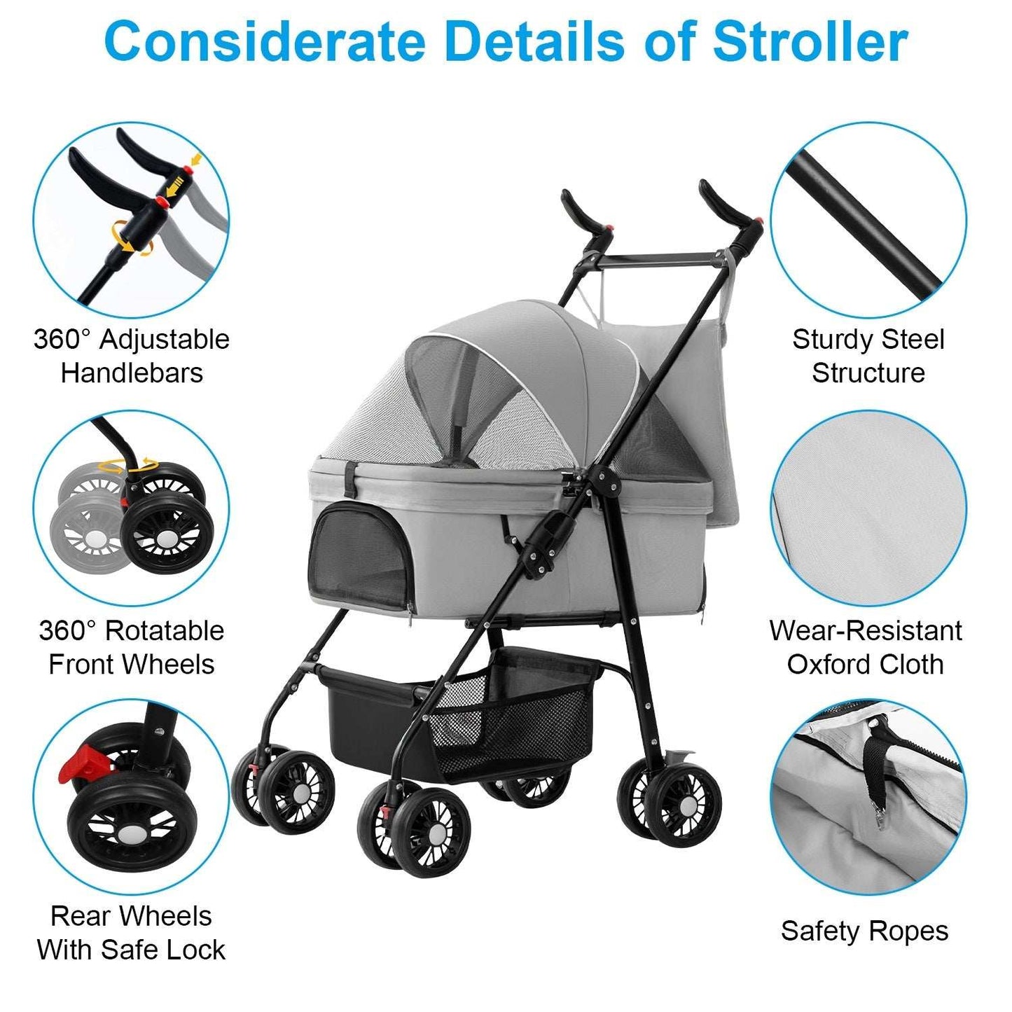 Pet Travel Stroller - Foldable 4-Wheel Carrier With Storage Basket