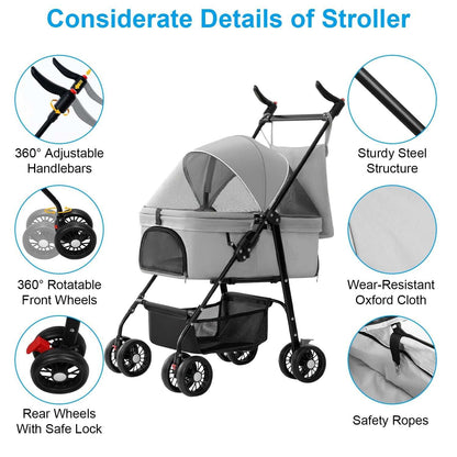 Pet Travel Stroller - Foldable 4-Wheel Carrier With Storage Basket