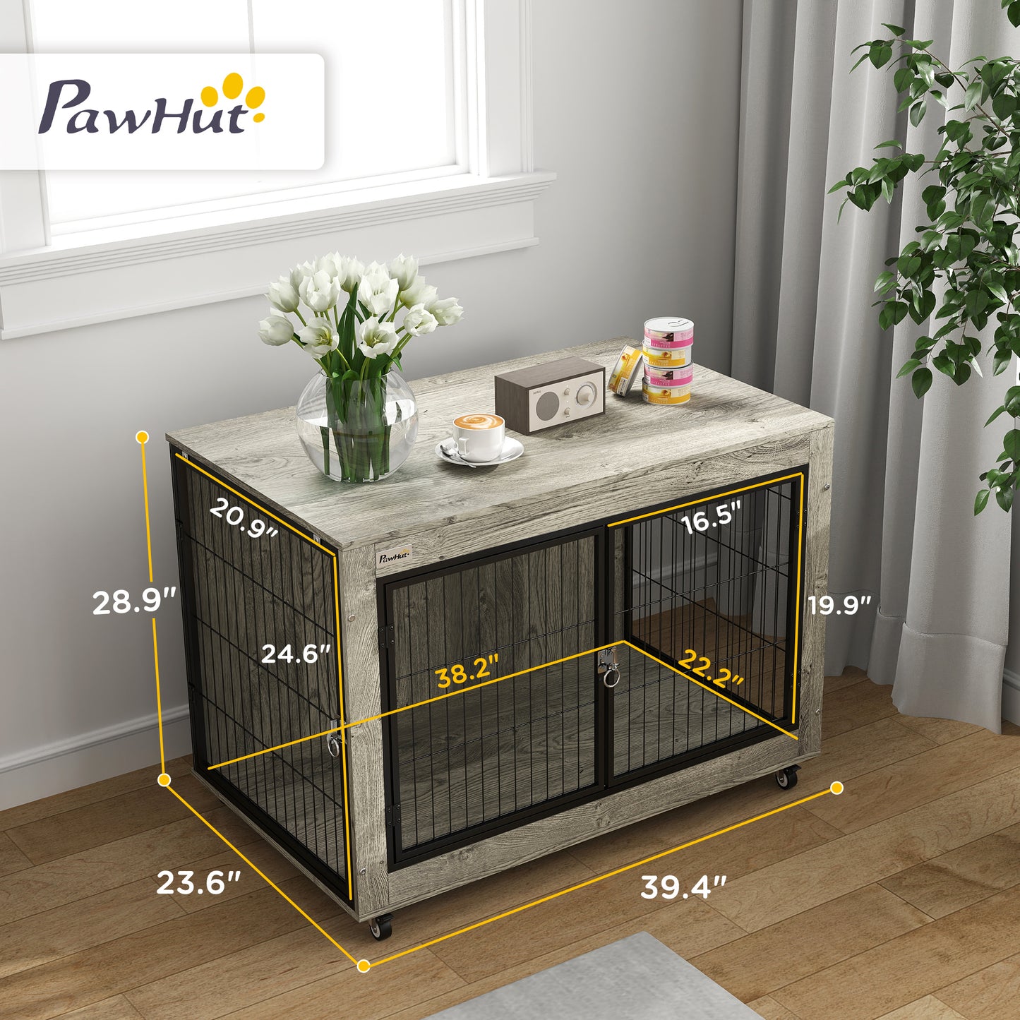 Dog Crate Furniture End Table 39 Inch with Wheels