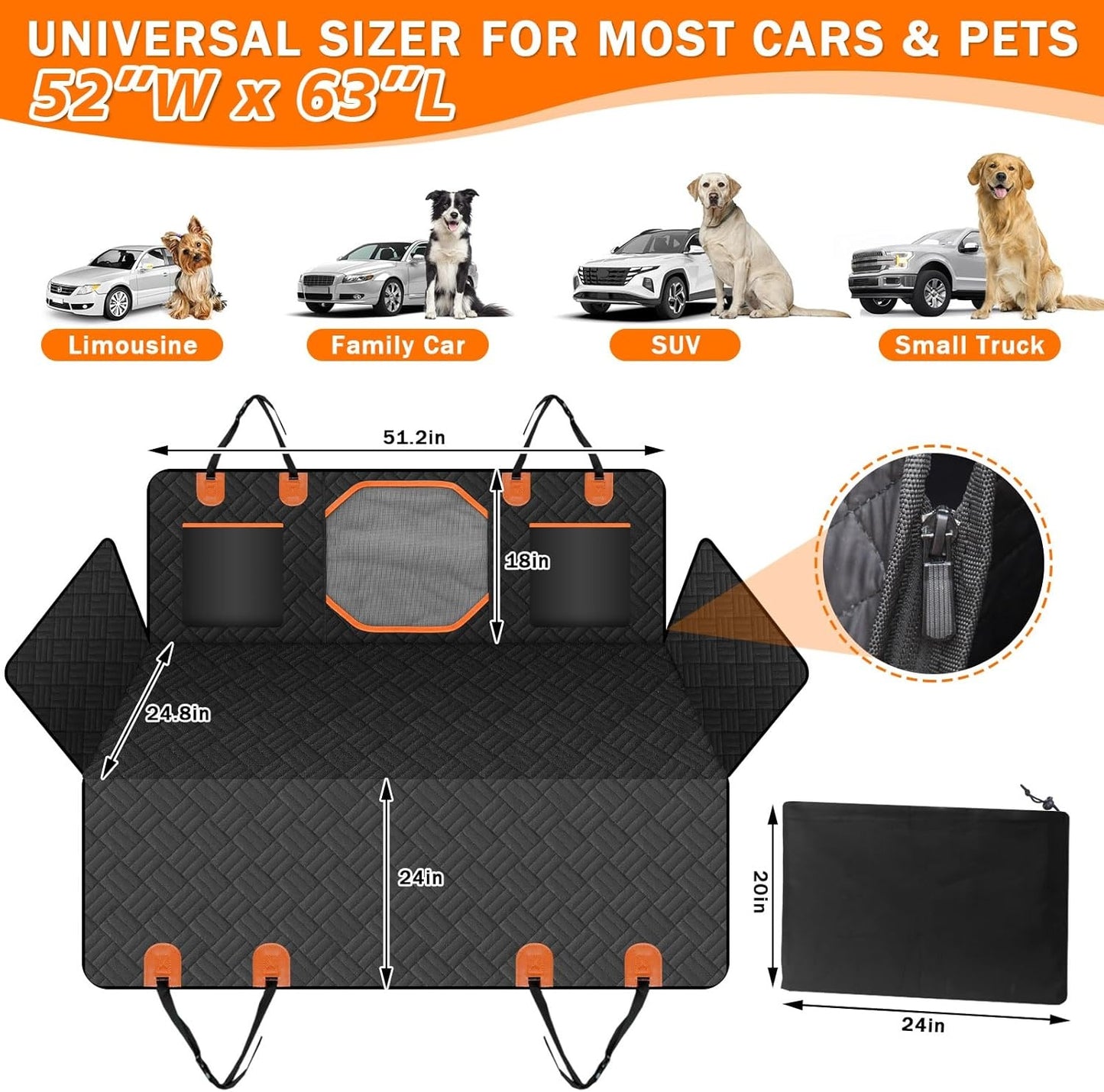 Adjustable Hard Bottom Dog Car Seat Backrest with Window & Storage Pockets