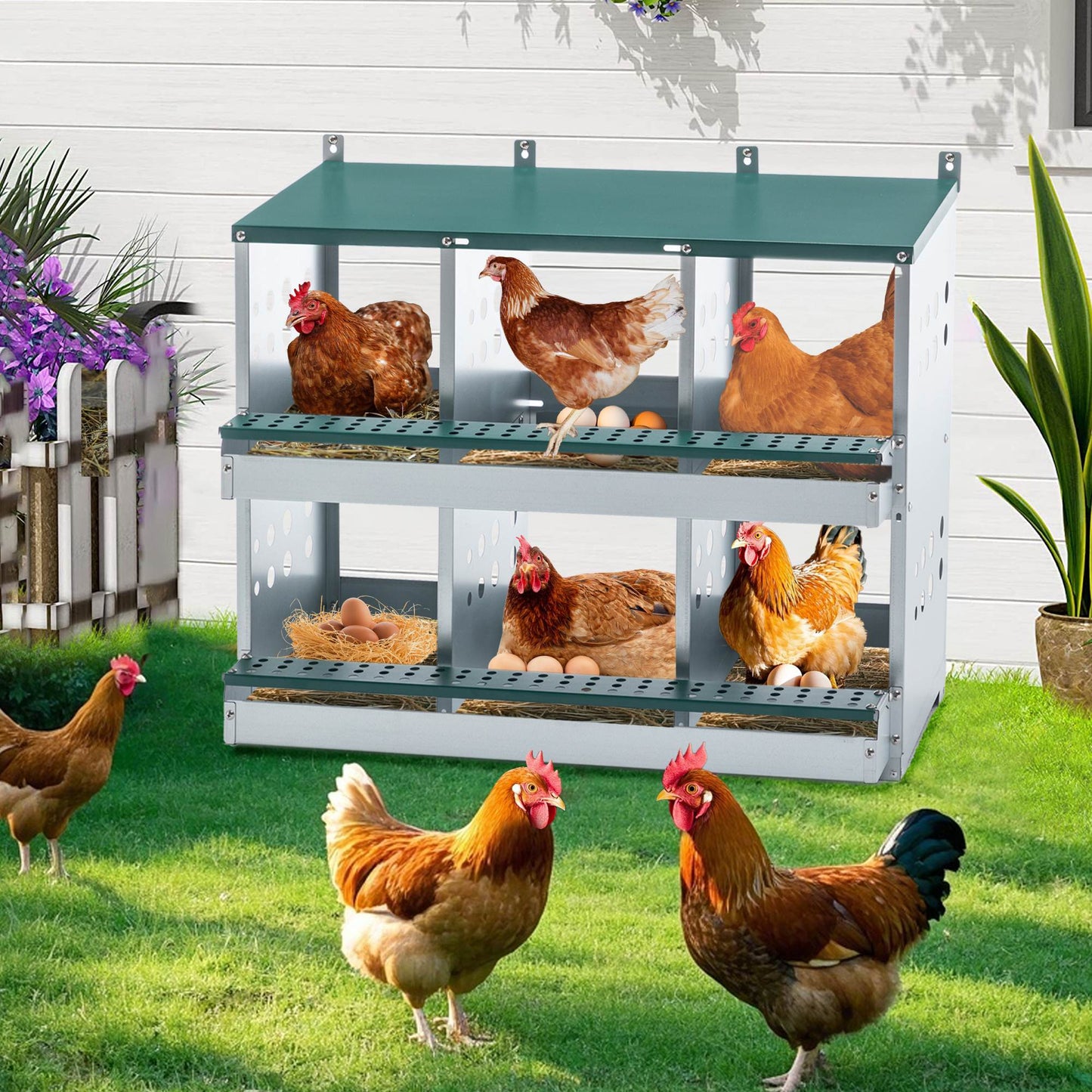 6-Compartment Chicken Nesting Box - Roll-Away Egg Collection