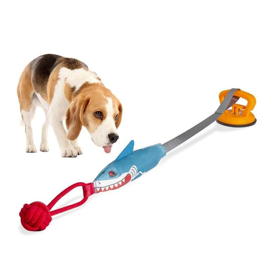 Shark Shaped Interactive Twine Rope Ball Dog Pet Chew Squeaky Toy With Suction Cup