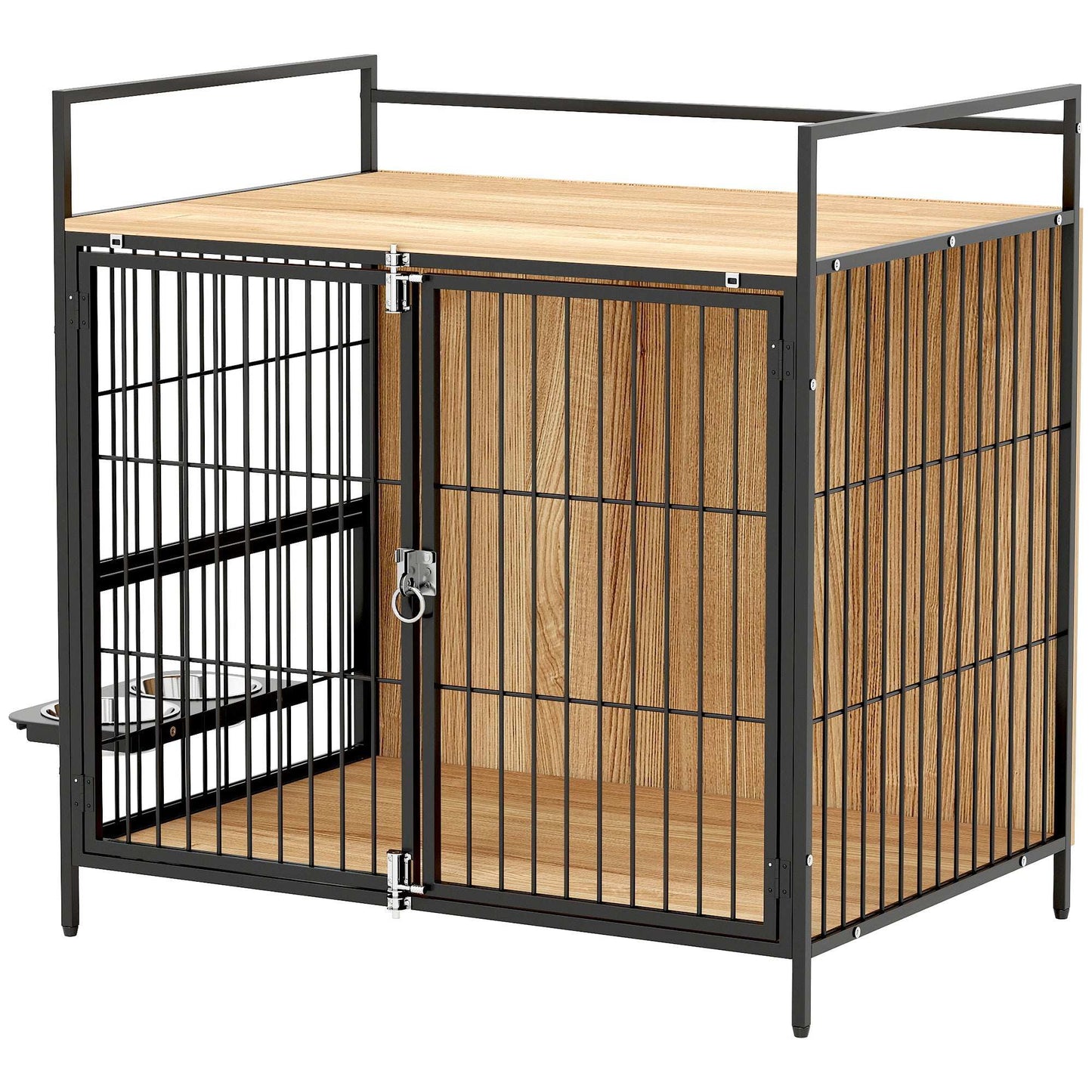Dog Crate Furniture Side Table With Rotatable Bowls - Premium Pet Kennel End Table