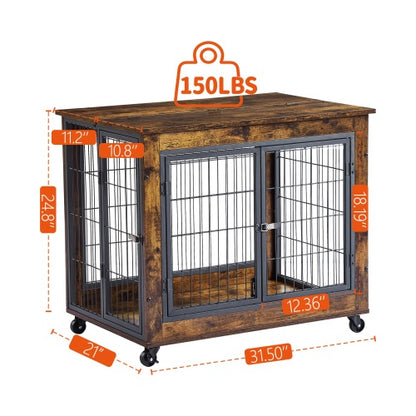 Furniture Style Dog Crate Side Table On Wheels With Double Doors And Lift Top. Rustic Brown, 31.50'' W X 22.05'' D X 25'' H.