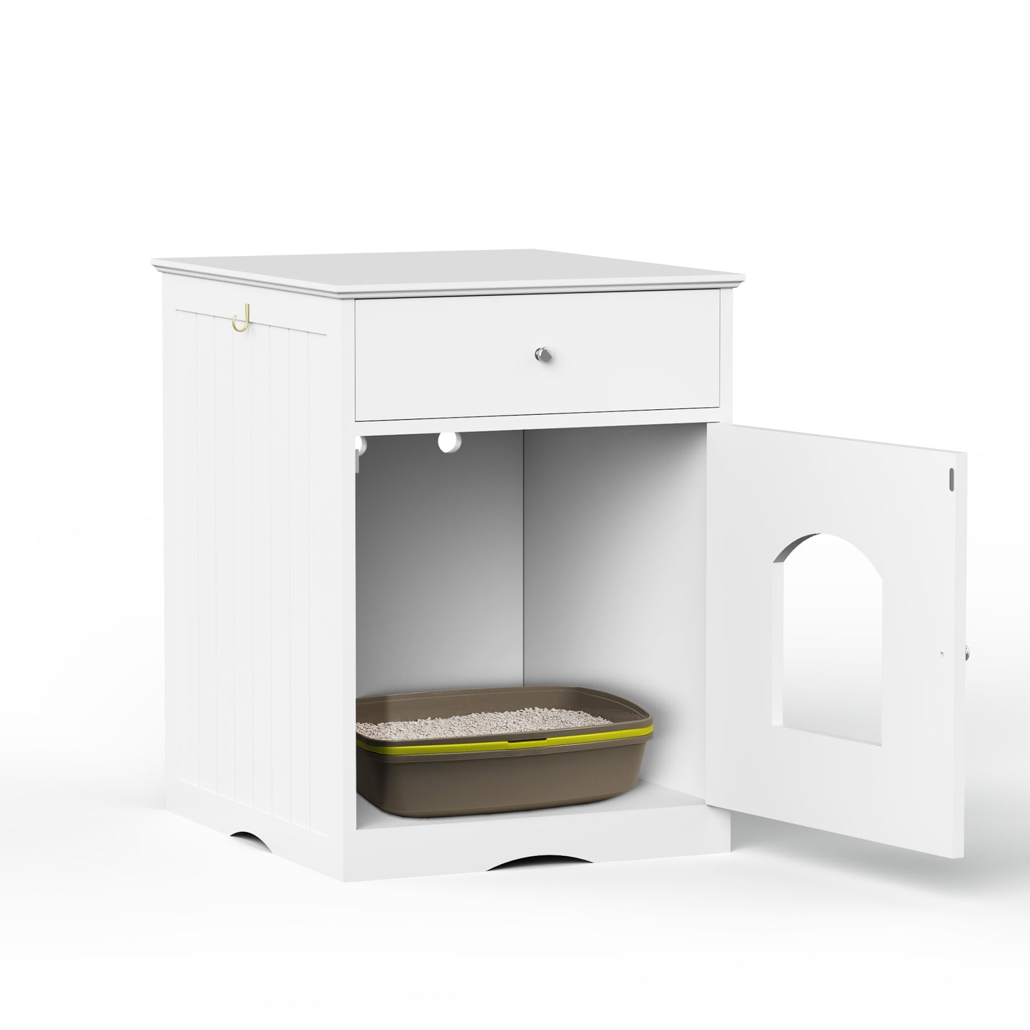 Hidden Box Cat End Table Wooden Night Stand Enclosed Pet Litterbox- White