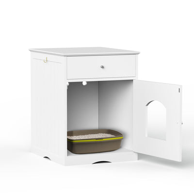 Hidden Box Cat End Table Wooden Night Stand Enclosed Pet Litterbox- White