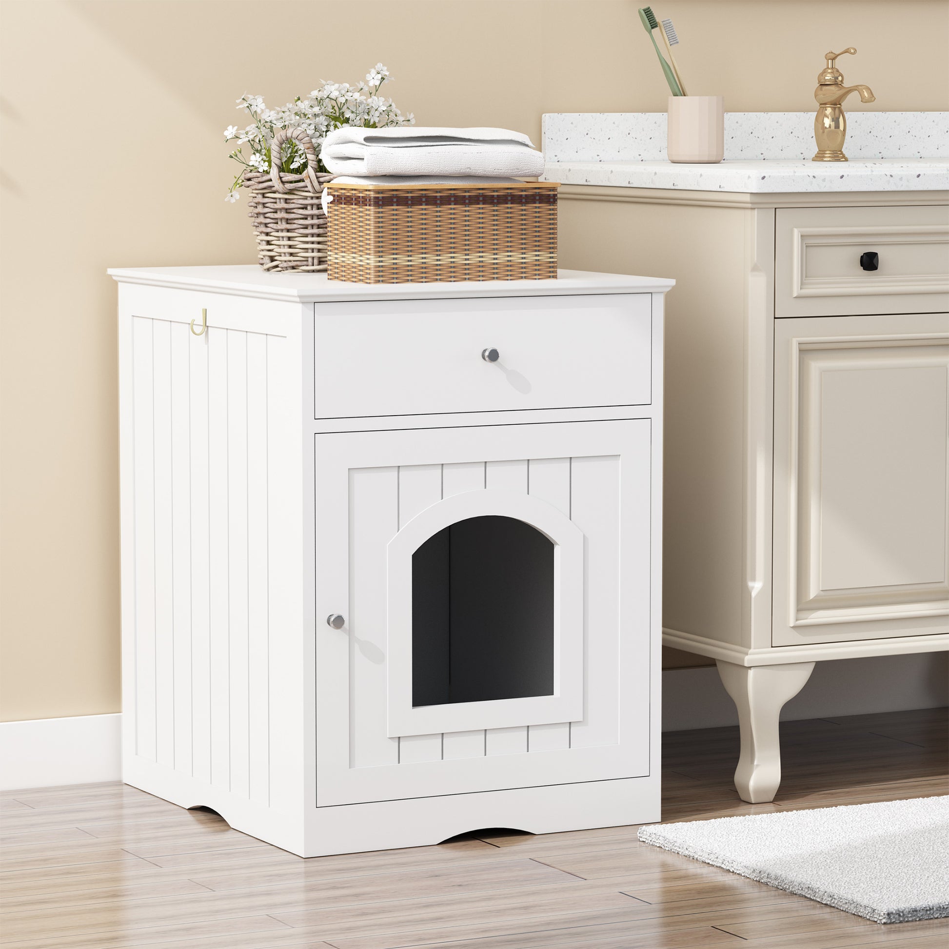 Hidden Box Cat End Table Wooden Night Stand Enclosed Pet Litterbox- White