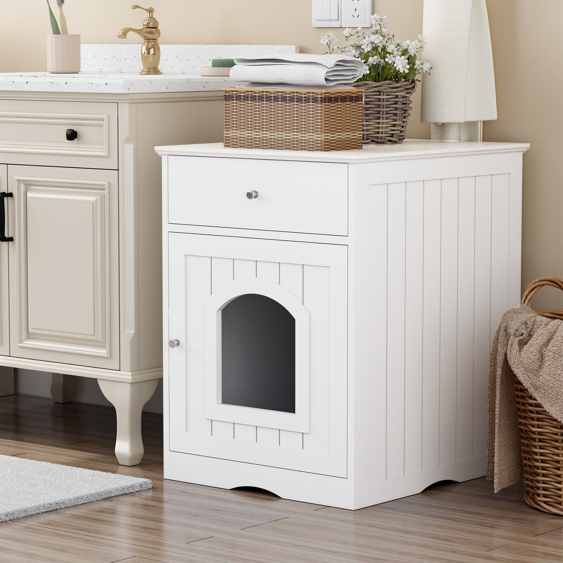 Hidden Box Cat End Table Wooden Night Stand Enclosed Pet Litterbox- White