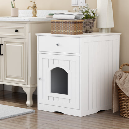 Hidden Box Cat End Table Wooden Night Stand Enclosed Pet Litterbox- White