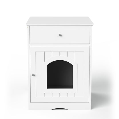 Hidden Box Cat End Table Wooden Night Stand Enclosed Pet Litterbox- White