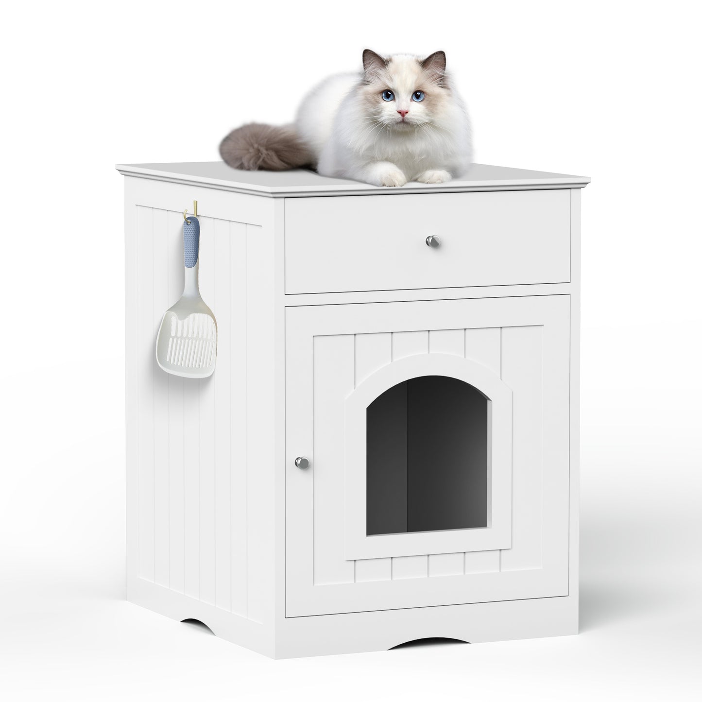 Hidden Box Cat End Table Wooden Night Stand Enclosed Pet Litterbox- White