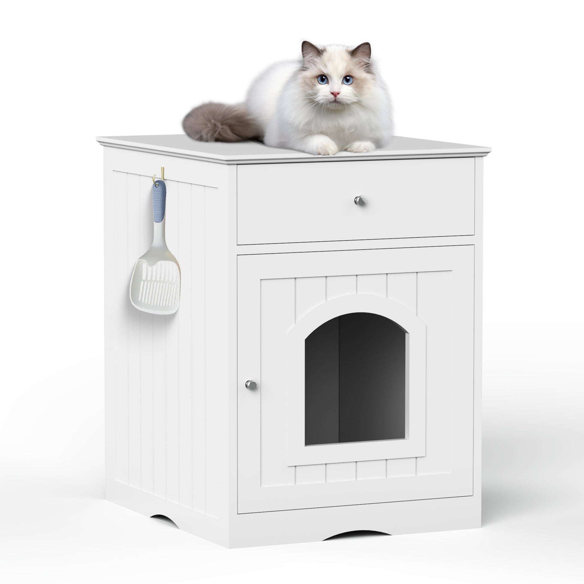 Hidden Box Cat End Table Wooden Night Stand Enclosed Pet Litterbox- White