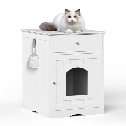 Hidden Box Cat End Table Wooden Night Stand Enclosed Pet Litterbox- White