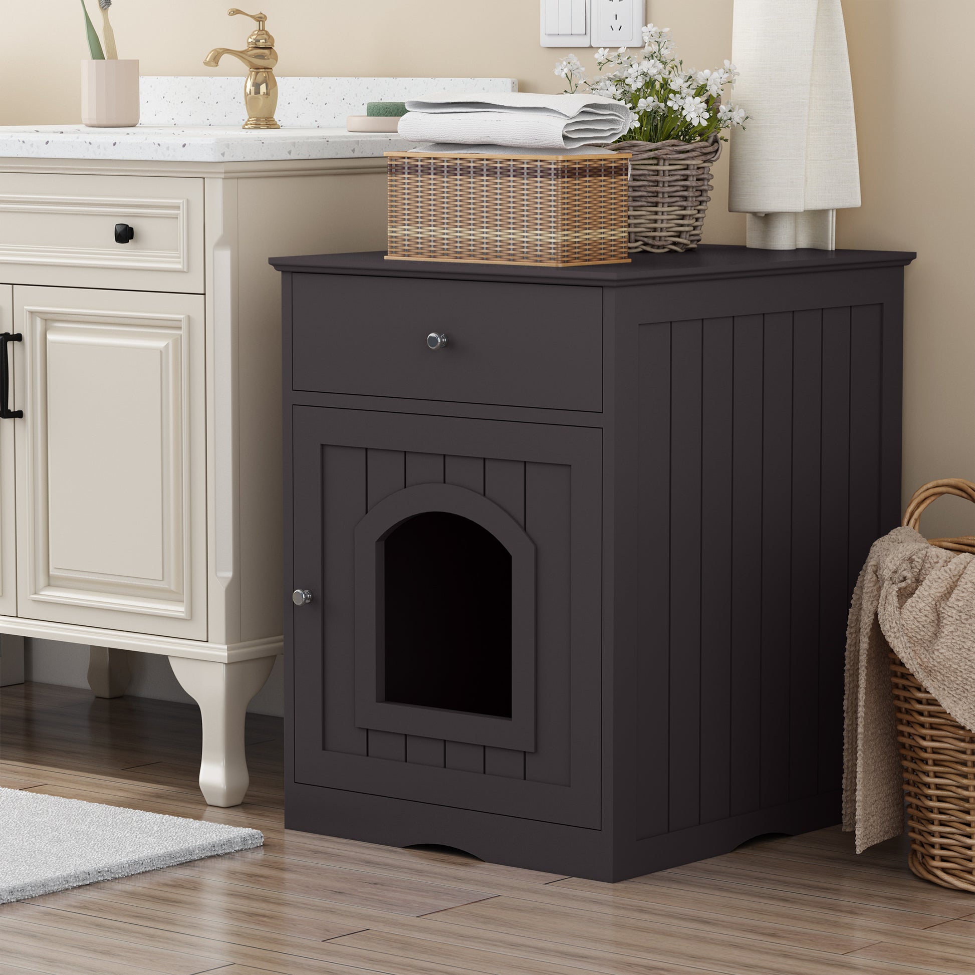Hidden Box Cat End Table Wooden Night Stand Enclosed Pet Litterbox- Brown