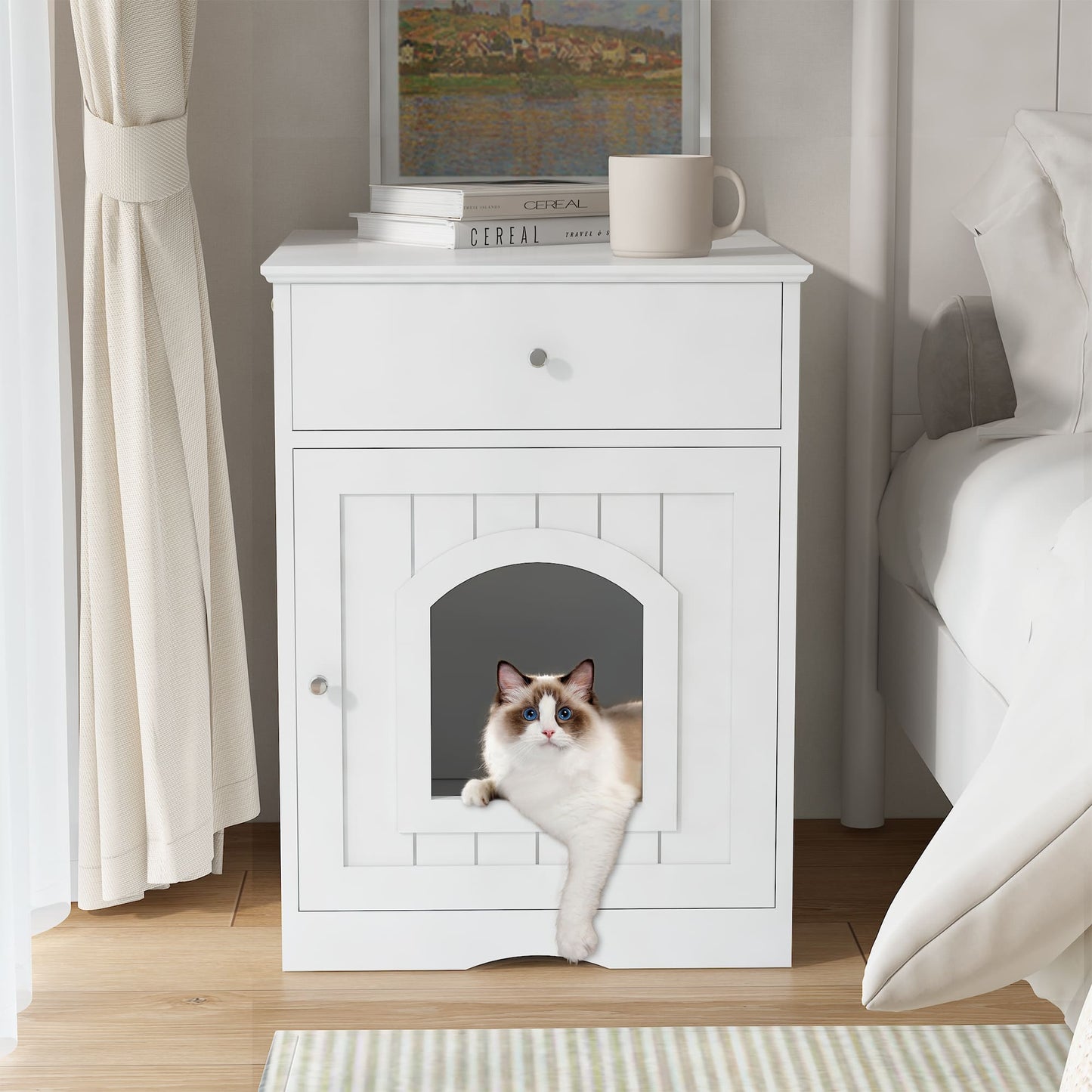 Hidden Box Cat End Table Wooden Night Stand Enclosed Pet Litterbox- White