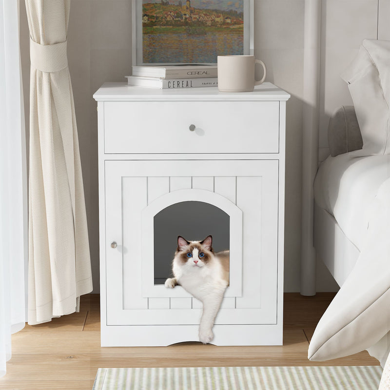 Hidden Box Cat End Table Wooden Night Stand Enclosed Pet Litterbox- White