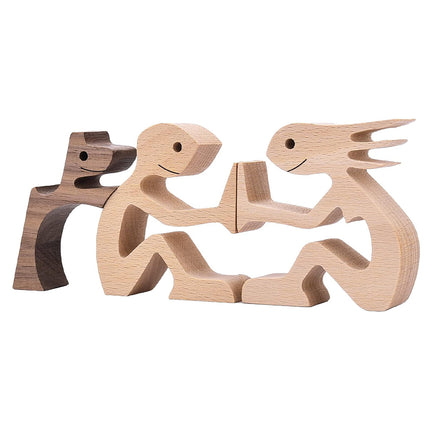 Hand-carved Wooden Puppy Family Sculpture Ornaments for Home Decor