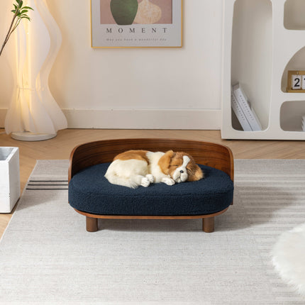 Scandinavian Style Elevated Dog Bed Walnut Wood Dark Blue Cushion