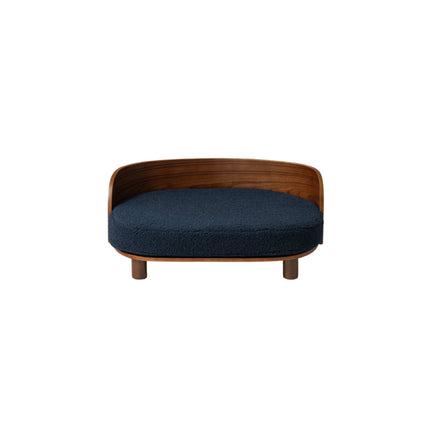 Scandinavian Style Elevated Dog Bed Walnut Wood Dark Blue Cushion