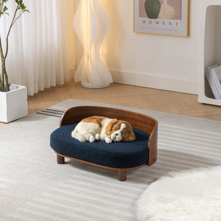 Scandinavian Style Elevated Dog Bed Walnut Wood Dark Blue Cushion