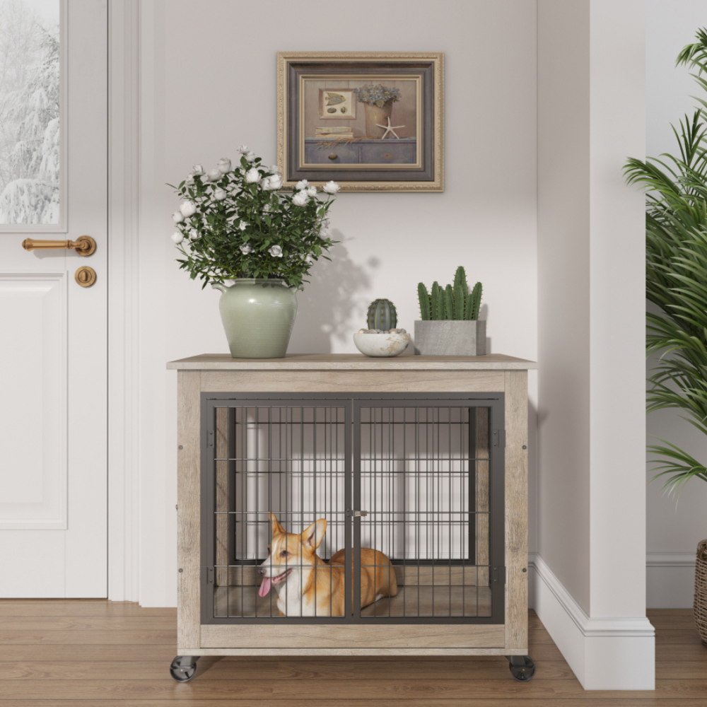 Stylish Dog Crate Side Table on Wheels | Purrfect Pet Haven