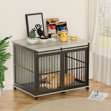 Grey Furniture Dog Crate with Sliding Iron Door and Comfort Mat