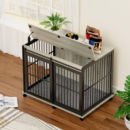 Grey Furniture Dog Crate with Sliding Iron Door and Comfort Mat