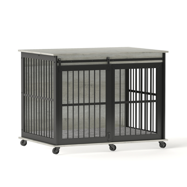 Grey Furniture Dog Crate with Sliding Iron Door and Comfort Mat