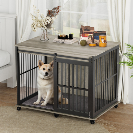 Grey Furniture Dog Crate with Sliding Iron Door and Comfort Mat