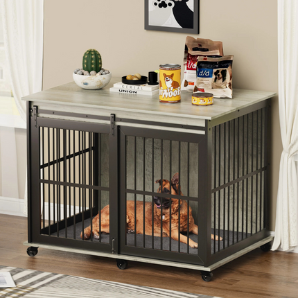 Grey Furniture Dog Crate with Sliding Iron Door and Comfort Mat