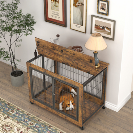 Double Door Rustic Brown Dog Cage Crate