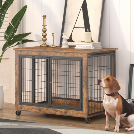 Double Door Rustic Brown Dog Cage Crate